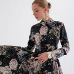 Peony Noire Siyah Çiçekli Kloş Elbise