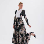 Nehâl Elbise - Nervür Detaylı Siyah Çiçekli Elbise