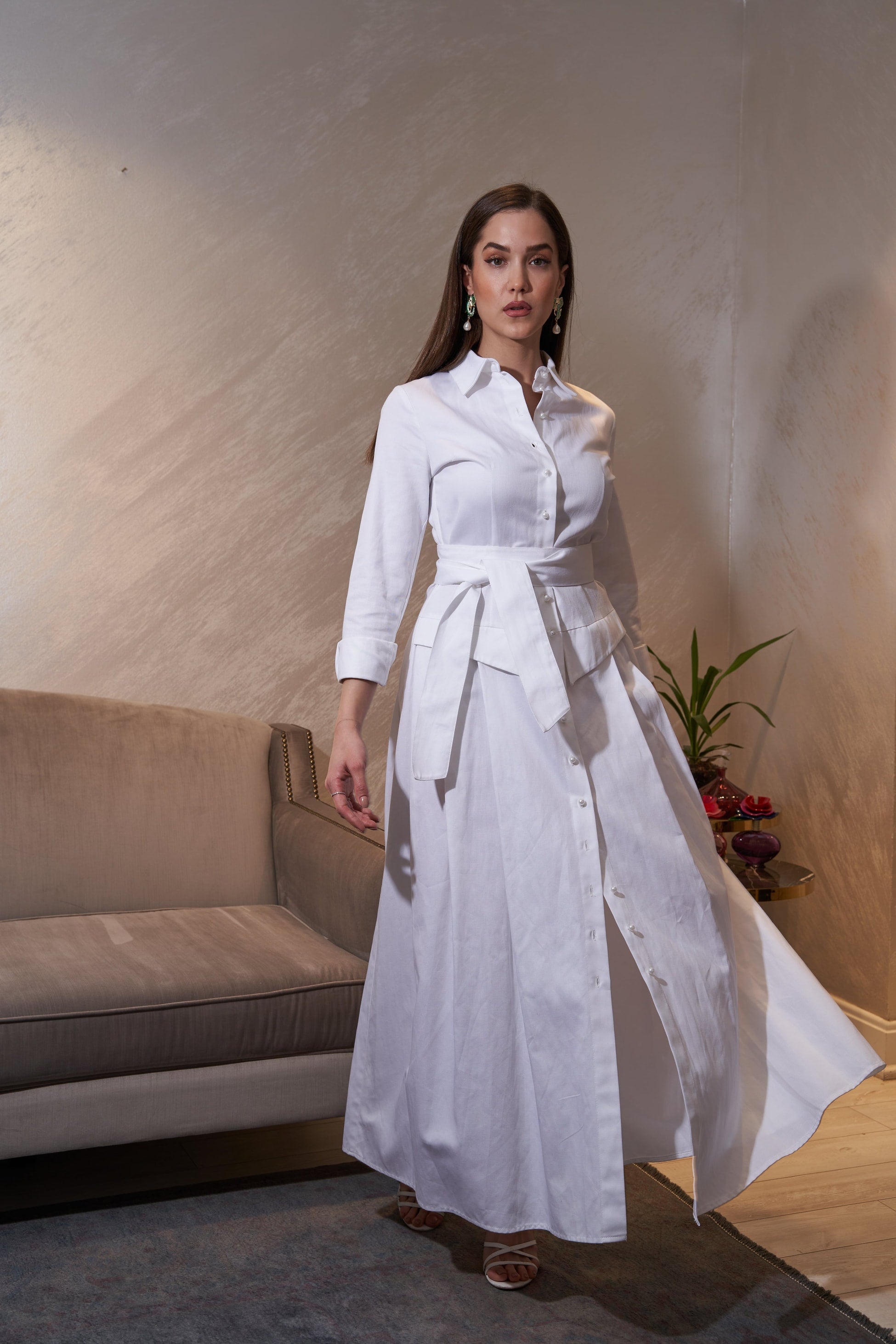 İnci Düğmeli Uzun Elbise