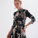 Peony Noire Siyah Çiçekli Kloş Elbise