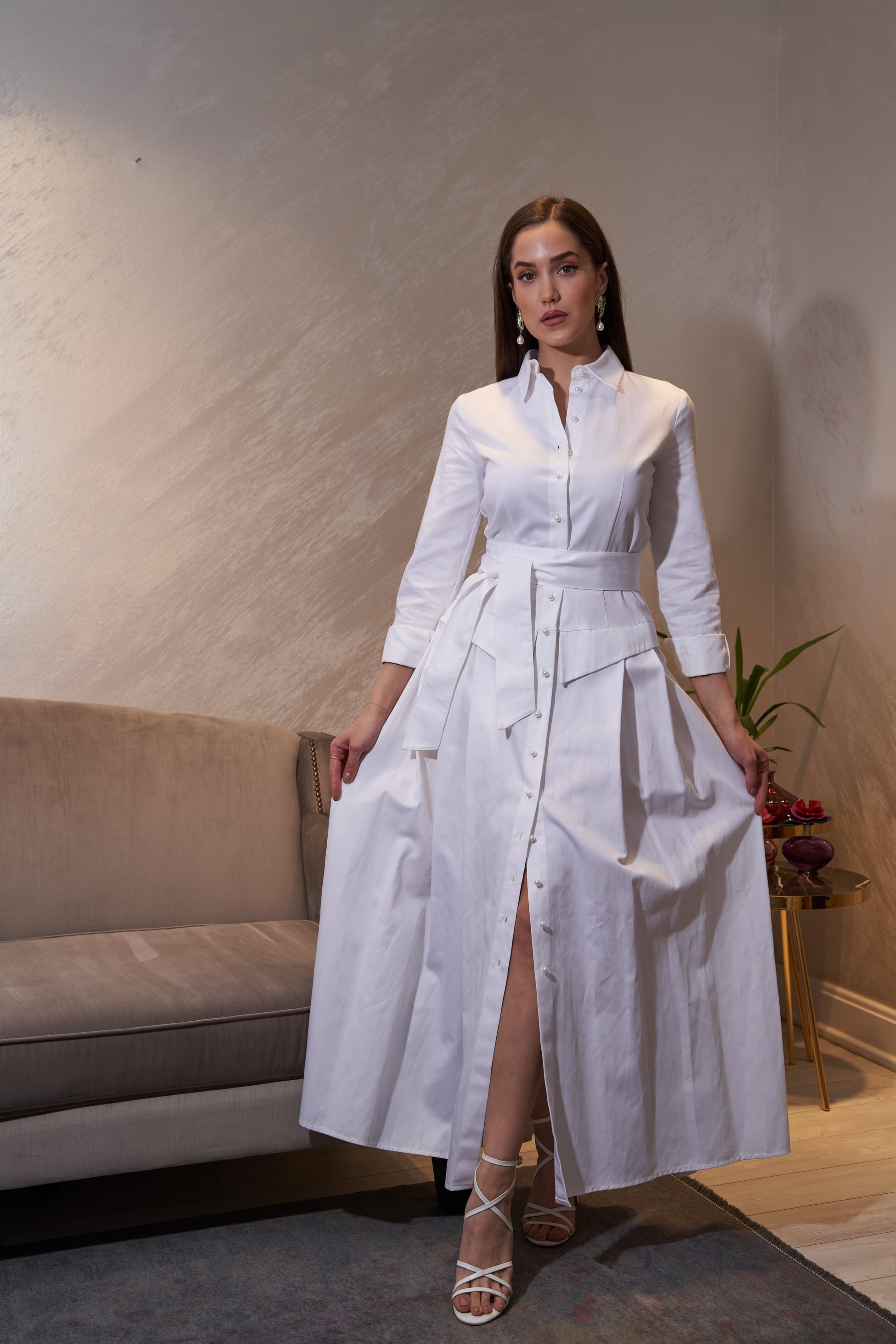 İnci Düğmeli Uzun Elbise