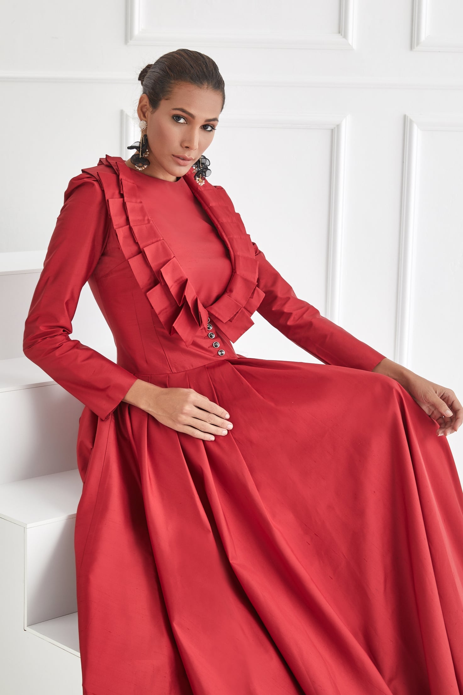 Volan Detaylı Saf İpek Elbise